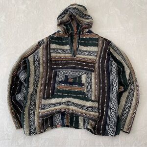 Baja Mexican Hoodie Men’s L/XL Woven Boho Striped Pullover Drug Rug Sweater Surf